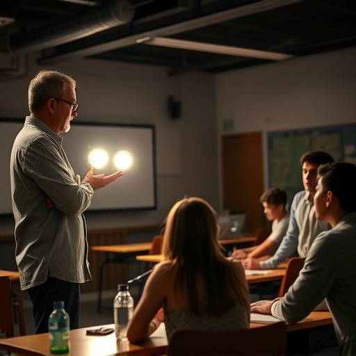 Un professeur donnant un cours de cin√©ma √† des √©tudiants dans une salle de classe